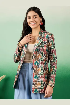 Sangria Green Printed Notched Lapel Front Open Blazer
