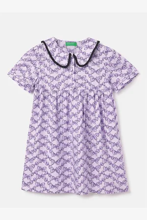 Benetton Girls Printed Peter Pan Collar Gathered A-Line Dress