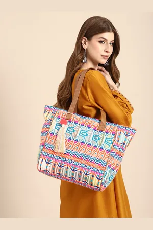 Sangria Geometric Printed Oversized Shopper Tote Bag with Tasselled