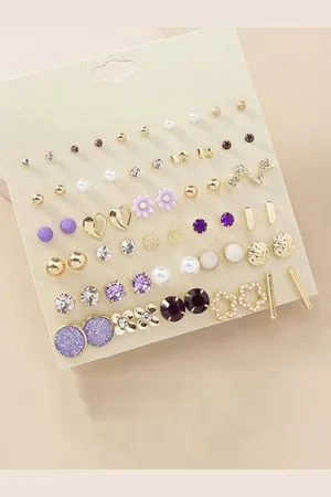Jewels Galaxy Set Of 30 Gold Plated Crystals & Pearl Beaded Contemporary Stud Earrings