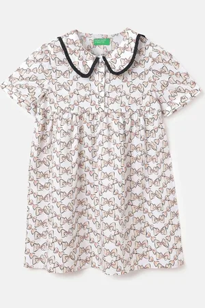 Benetton Girls Printed Gathered Peter Pan Collar A-Line Dress