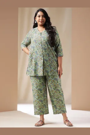 Janasya Plus Size Printed Pure Cotton Tunic With Trousers