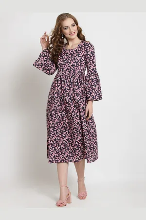 Sera Women Navy Blue & Pink Printed Fit and Flare Dress