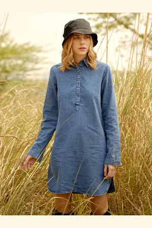 StyleStone Women Ice Blue Solid Denim Shirt Dress