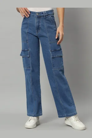 Chemistry Women Straight Fit High-Rise Dark Shade Cotton Denim Stretchable Cargo Jeans