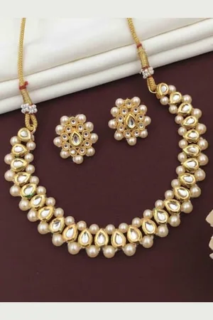 ATIBELLE Gold-Plated Kundan-Stones Studded & Pearl Beaded Necklace & Earrings