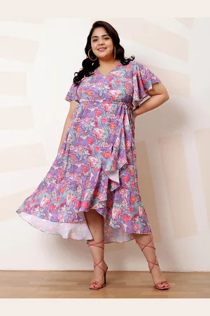 ATHENA Plus Size Floral Print Flared Sleeve Ruffled Crepe Midi Casual Dress