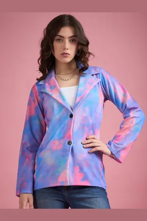 DressBerry Blue Printed Notched Lapel Twill Single-Breasted Blazer