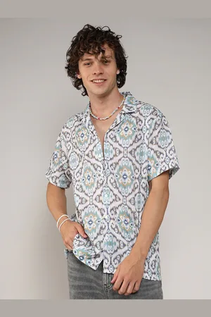 Campus White Classic Ethnic Motifs Printed Cuban Collar Casual Shirt