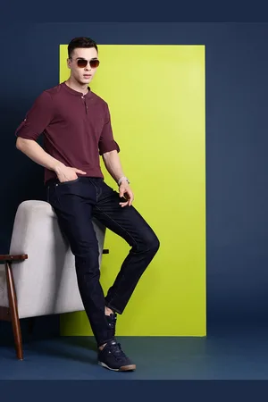HANCOCK Men Henley Neck Roll-Up Sleeves Pure Cotton T-shirt
