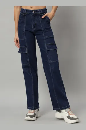 Chemistry Women Straight Fit High-Rise Dark Shade Clean Look Cotton Denim Cargo Jeans
