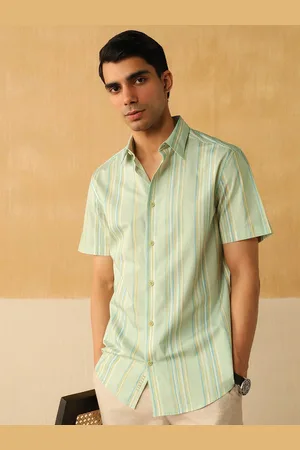 Andamen Premium Striped Spread Collar Short Sleeves Cotton Casual Shirt