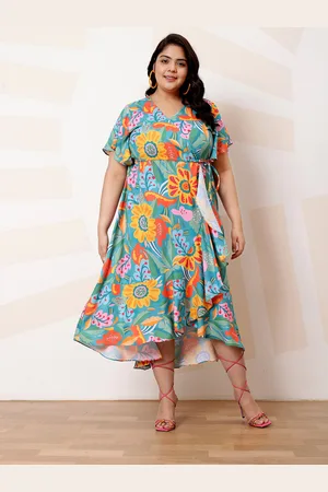 ATHENA Plus Size Floral Print Ruffled Crepe A-Line Midi Casual Dress
