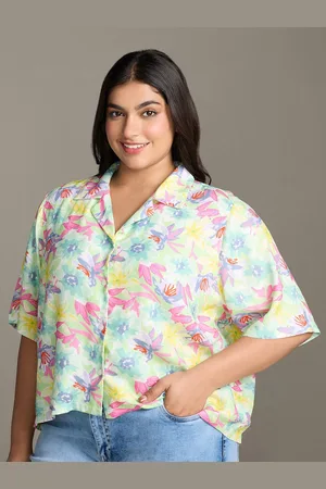 20Dresses Plus Size Yellow Floral Printed Cuban Collar Short Sleeves Crop Casual Shirt