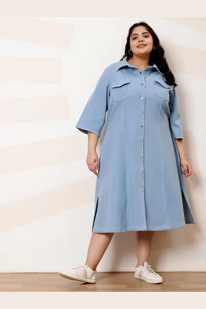 ATHENA Plus Size Denim Shirt Collar Shirt Midi Casual Dress