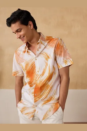 Andamen Premium Abstract Printed Spread Collar Short Sleeves Cotton Casual Shirt
