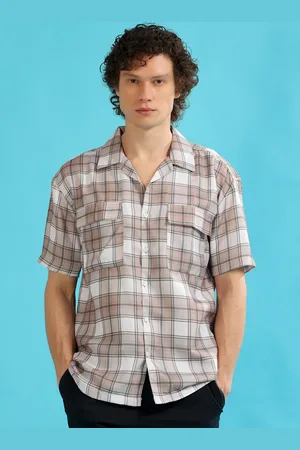 Bushirt Relaxed Tartan Checked Spread Collar Short Sleeves Oversize Casual Shirt
