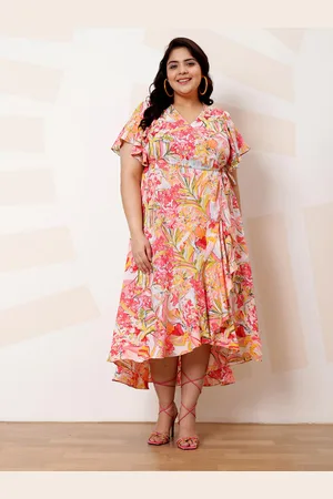 ATHENA Plus Size Floral Print Flutter Sleeve Ruffled Crepe A-Line Midi Casual Dress