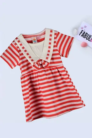 Kids On Board Girls Striped V-Neck Cotton Fit & Flare Dress
