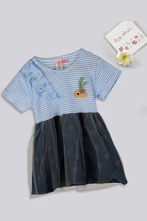 Kids On Board Girls Striped Round Neck Cotton Fit & Flare Dress