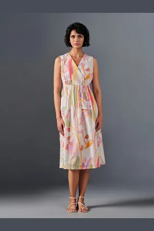 AND Floral Printed V-Neck Gathered Cotton A-Line Dress