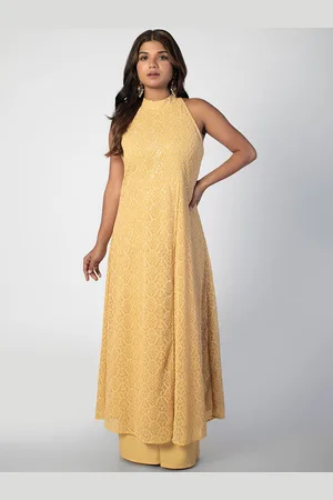 Nüd Ethnic Motifs Embroidered Halter Neck Georgette A-Line Chikankari Kurta With Palazzos
