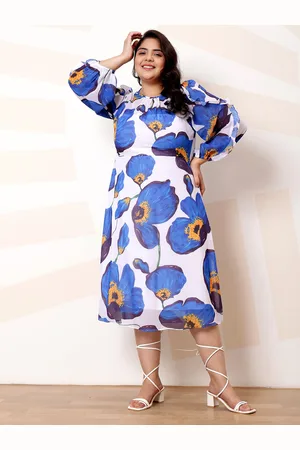 ATHENA Plus Size Floral Print Ruffled Georgette A-Line Midi Casual Dress