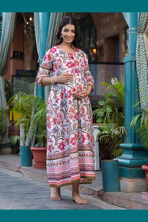 Aujjessa Floral Print Round Neck Maternity Maxi Cotton Dress