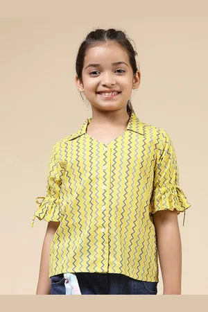 BAESD Girls Geometric Printed Bell Sleeve Pure Cotton Shirt Style Top