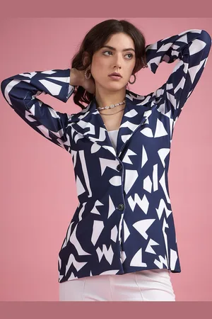 DressBerry Navy Blue Geometric Printed Notched Lapel Twill Single Breasted Blazer
