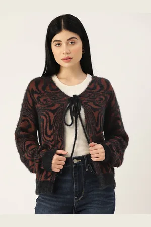 MADAME Women Rust Orange & Navy Blue Front-Open Fuzzy Detail Sweater