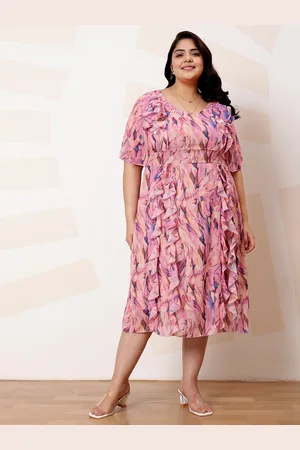 ATHENA Plus Size Floral Print Ruffled Georgette A-Line Midi Casual Dress