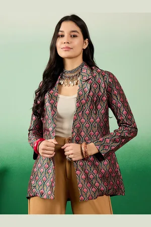 Sangria Teal Green Printed Notched Lapel Open-Front Blazers