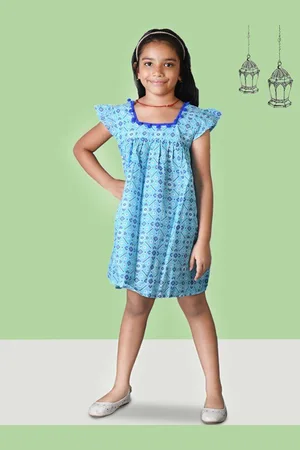 Kids On Board Girls Print Flutter Sleeve Cotton A-Line Dress
