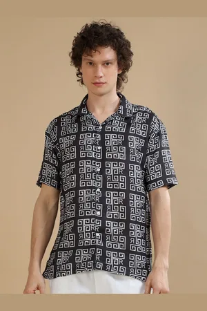 Bushirt Relaxed Geometric Printed Spread Collar Short Sleeves Casual Shirt