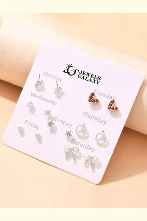 Jewels Galaxy Set Of 7 Silver Plated Crystals & Pearl Beaded Contemporary Stud Earrings