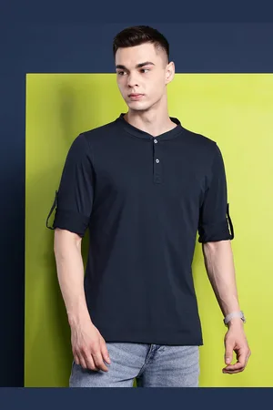HANCOCK Men Henley Neck Roll-Up Sleeves Pure Cotton T-shirt