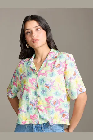 20Dresses Yellow Floral Printed Cuban Collar Short Sleeves Crop Casual Shirt