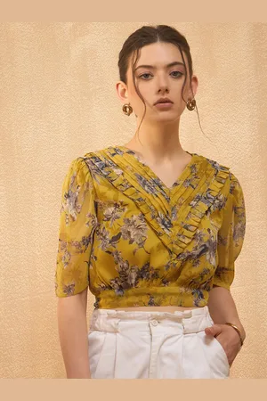 Rare Fashion Floral Printed Puff Sleeve Chiffon Blouson Crop Top