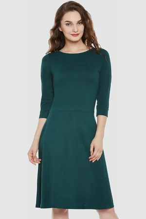 Chemistry Women Cotton Boat Neck 3/4 Sleeve Solid Mini Skater Dress