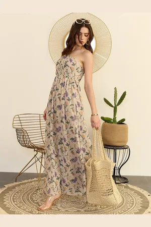 Berrylush Beige Floral Printed One Shoulder Flared Maxi Dress