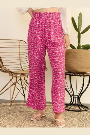 Berrylush Women Pink Floral Print High-Rise Pleated Parallel Trousers