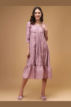 Bani Women Self Design V-Neck Cuffed Sleeves Gathered A-Line Midi Dress