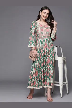Indo Era Printed Gathered or Pleated A-Line Ethnic Dress