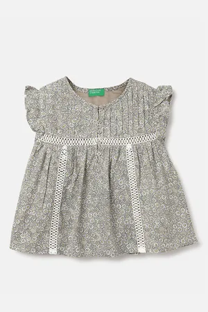 Benetton Girls Floral Printed Flutter Sleeve A-Line Dress