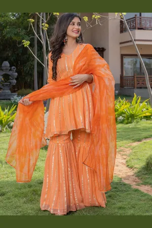 HOUSE OF JAMOTI Striped A-Line Kurti With Sharara & Dupatta
