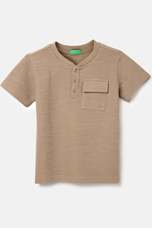 Benetton Boys Striped Henley Neck Pockets T-shirt