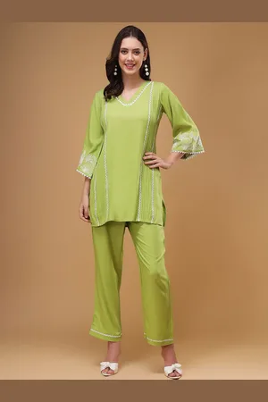 Bani Women Floral Embroidered V-Neck Lace Top & Flared Trouser