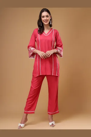 Bani Women Floral Embroidered V-Neck Lace Top & Flared Trouser