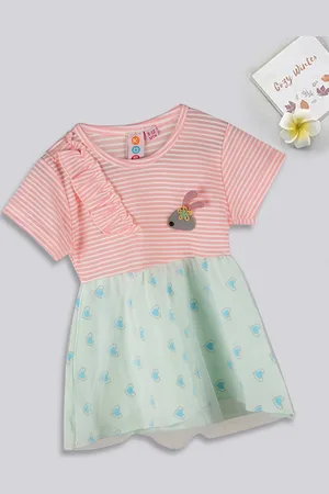 Kids On Board Girls Striped Round Neck Cotton Fit & Flare Dress